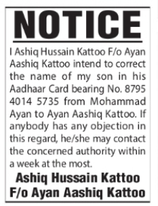 Aadhaar Name Correction Notice – Ayan Aashiq Kattoo