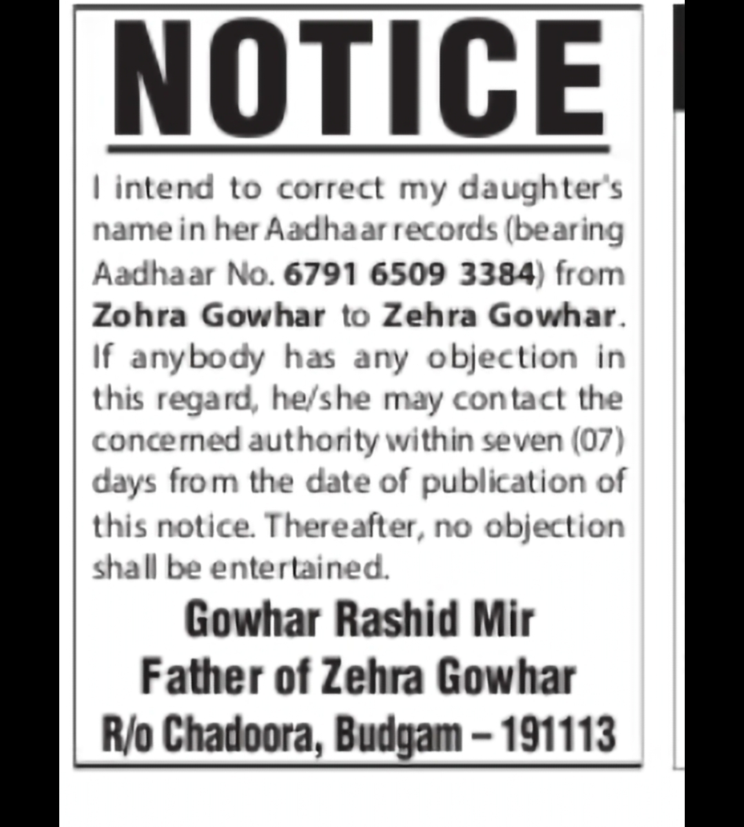 Aadhaar Name Correction Notice Gowhar Rashid Mir