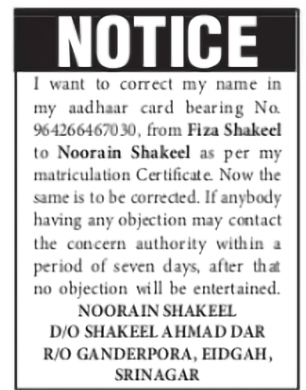 Aadhaar Name Correction Notice – Noorain Shakeel