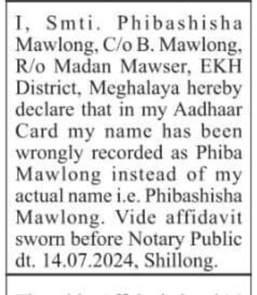 Aadhaar Name Correction Notice – Phibashisha Mawlong