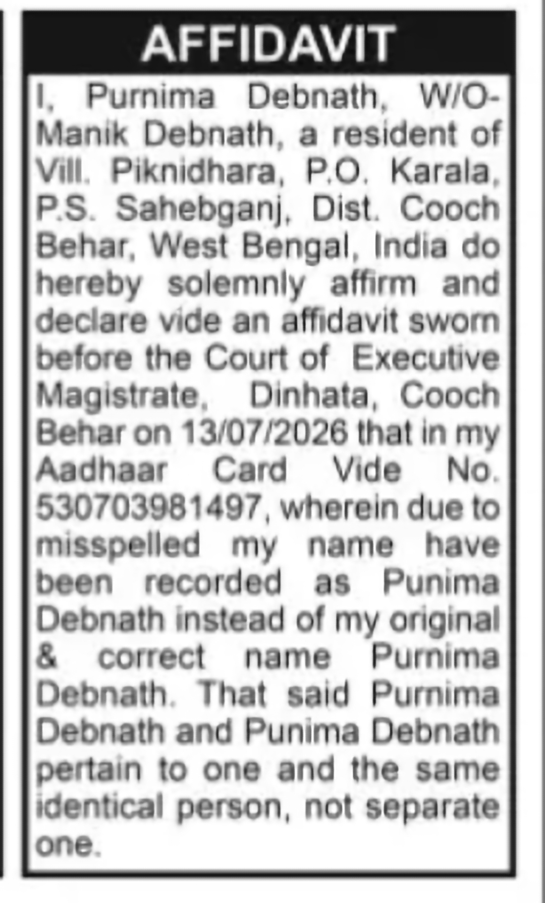 Aadhaar Name Correction Notice – Purnima Debnath