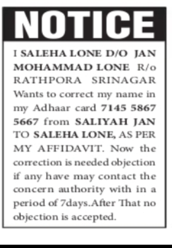 Aadhaar Name Correction Notice – Saleha Lone