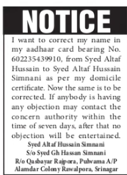 Aadhaar Name Correction Notice – Syed Altaf Hussain Simnani