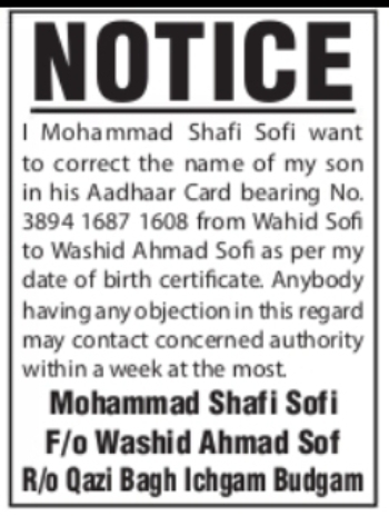 Aadhaar Name Correction Notice – Washid Ahmad Sofi