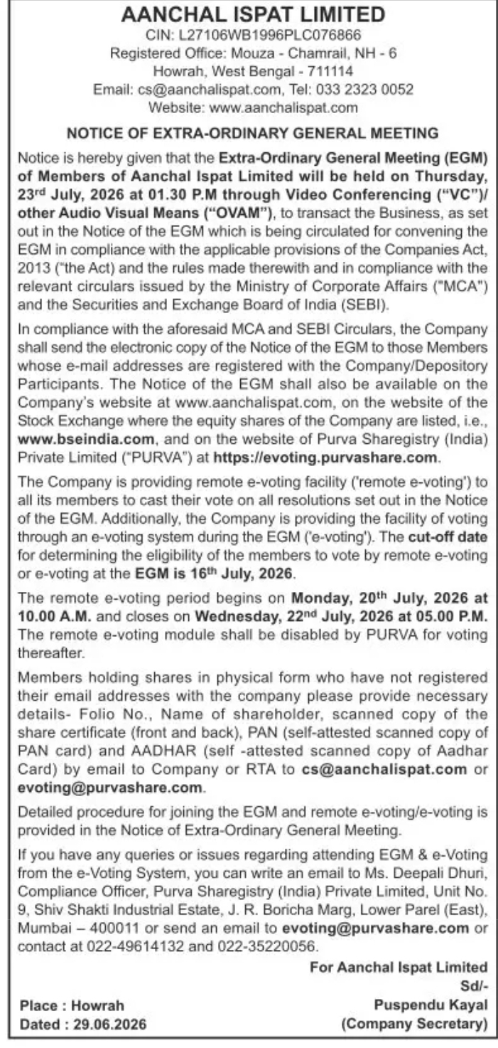 Aanchal Ispat Limited – Notice of Extra-Ordinary General Meeting (EGM)