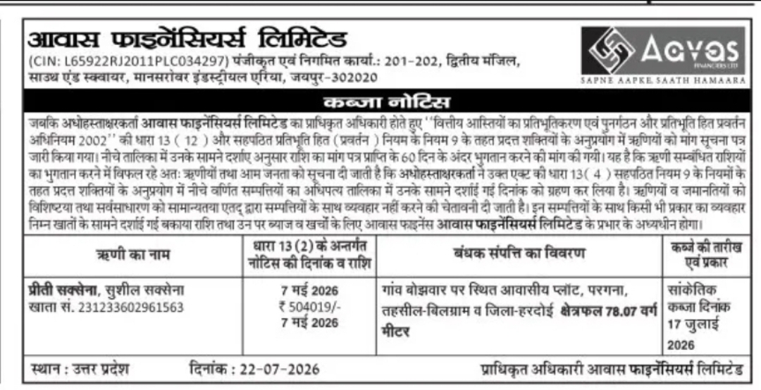 Aavas Financiers Ltd. – Possession Notice, Hardoi, Uttar Pradesh