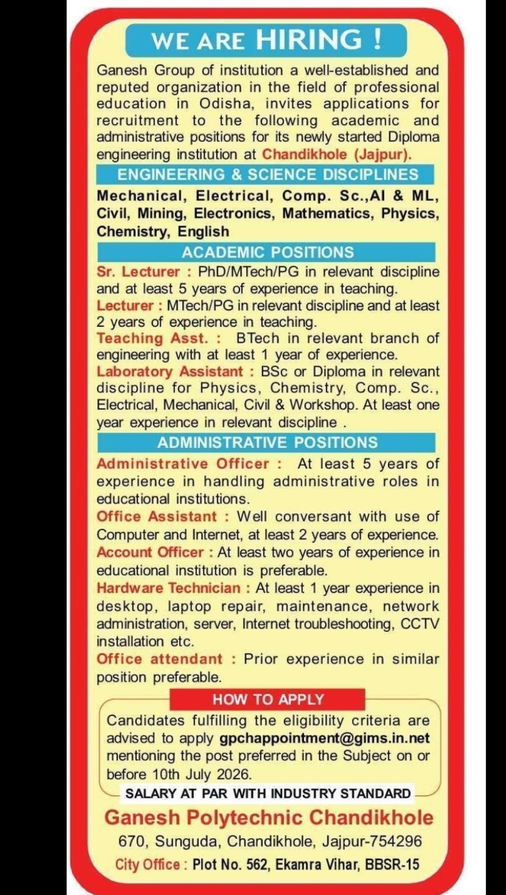 ACADEMIC & ADMINISTRATIVE POSITIONS – GANESH POLYTECHNIC, CHANDIKHOLE (JAJPUR)