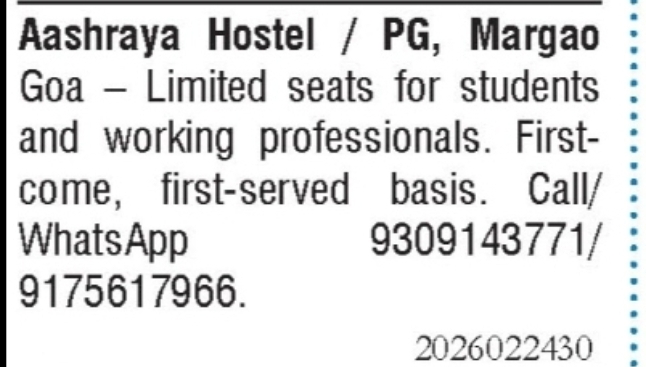 ACC AVAILABLE – Aashraya Hostel / PG in Margao