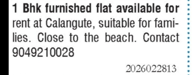 ACC AVAILABLE – Furnished 1 BHK Flat for Rent in Calangute