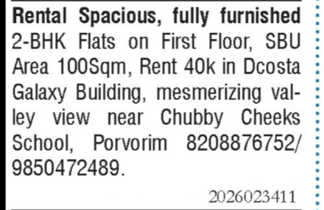 ACC AVAILABLE – Spacious Furnished 2 BHK Flat for Rent in Porvorim