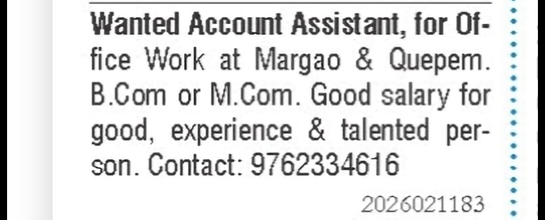 Account Assistant Required – Margao & Quepem