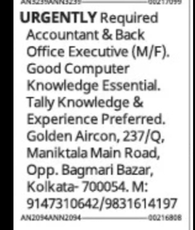 Accountant & Back Office Executive – Golden Aircon, Kolkata