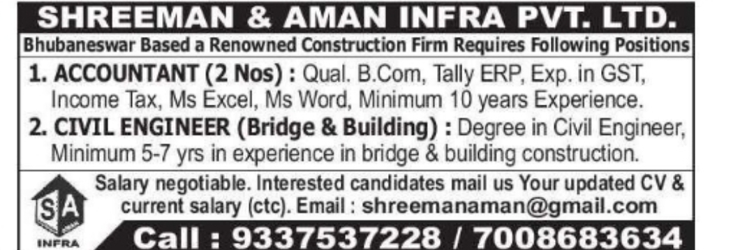 Accountant & Civil Engineer Jobs at Shreeman & Aman Infra Pvt. Ltd.