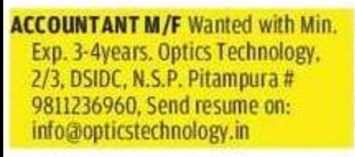 Accountant (Male/Female – Pitampura, Delhi)