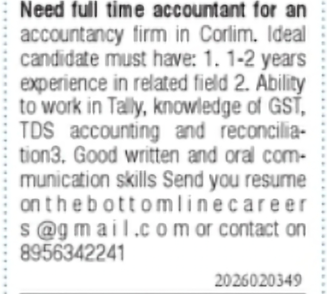 Accountant Required – Corlim, Goa