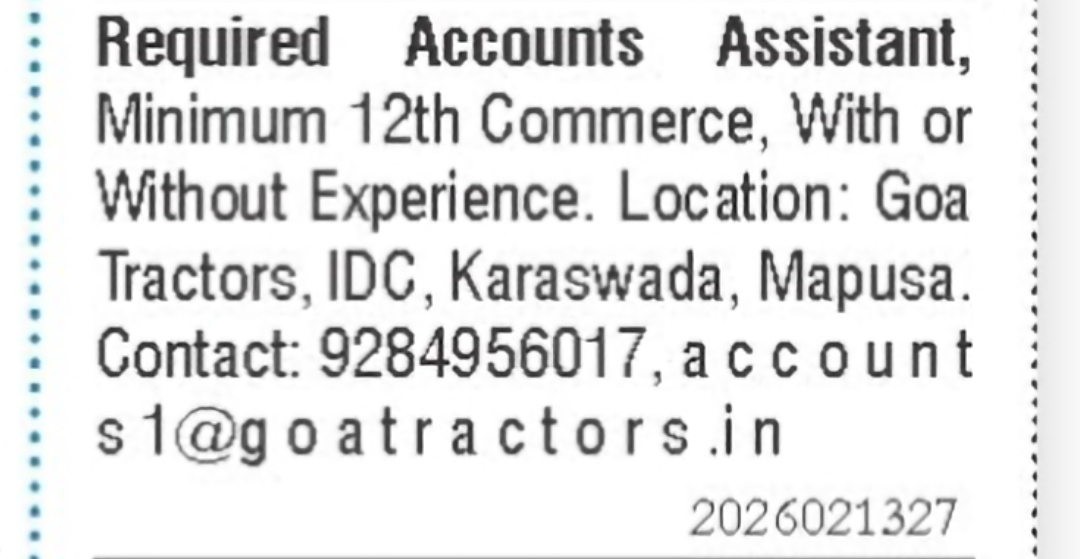 Accounts Assistant – Goa Tractors, Mapusa