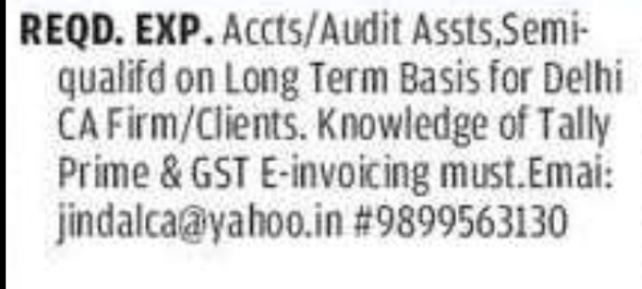 Accounts / Audit Assistant (CA Firm – Delhi)