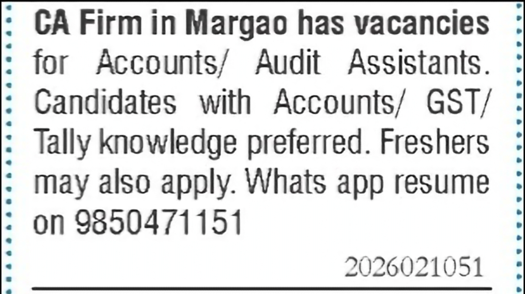 Accounts / Audit Assistants – CA Firm, Margao