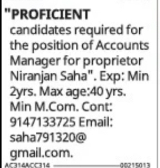 Accounts Manager Hiring – Niranjan Saha (Kolkata, West Bengal)