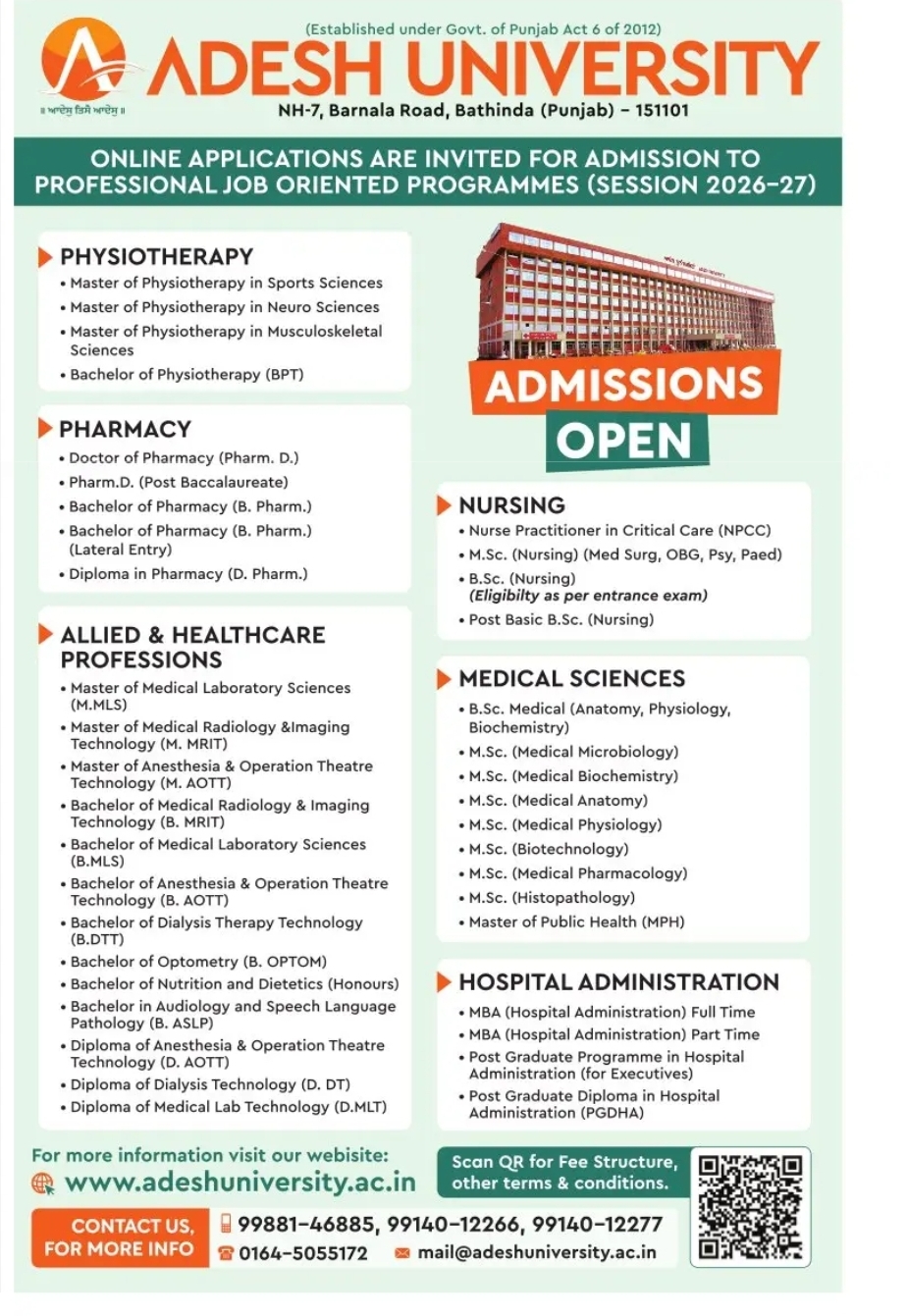 Adesh University Admissions 2026 Open | Healthcare, Nursing, Pharmacy & Allied Sciences