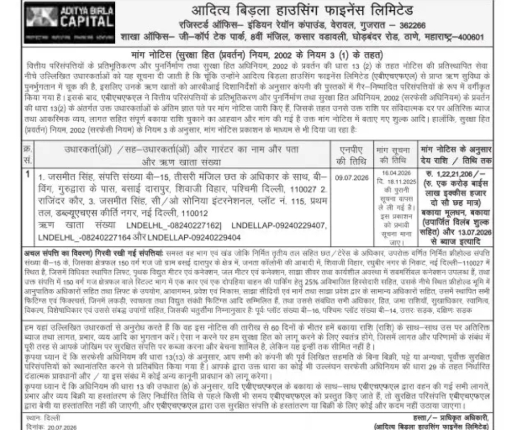 Aditya Birla Housing Finance Limited – Demand Notice Under SARFAESI Act