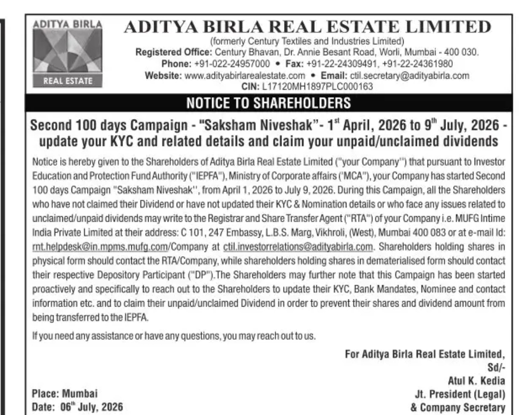 Aditya Birla Real Estate Limited – Notice to Shareholders: Saksham Niveshak Campaign 2026
