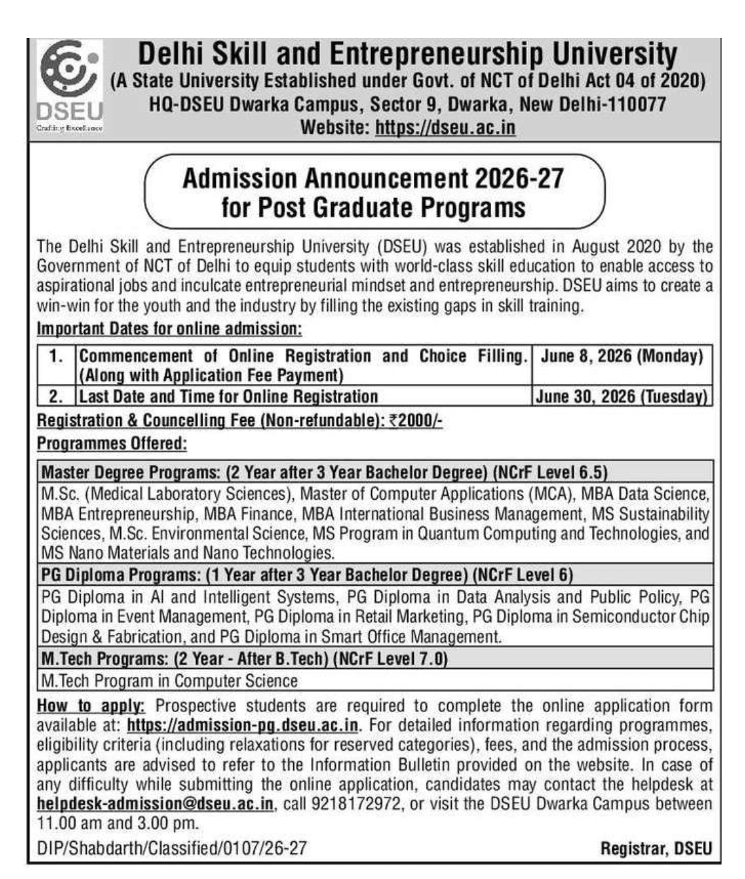 Admission Announcement 2026–27 (Post Graduate Programs)