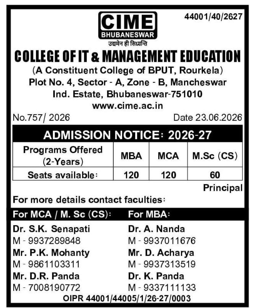 ADMISSION NOTICE 2026–27 College of IT & Management Education