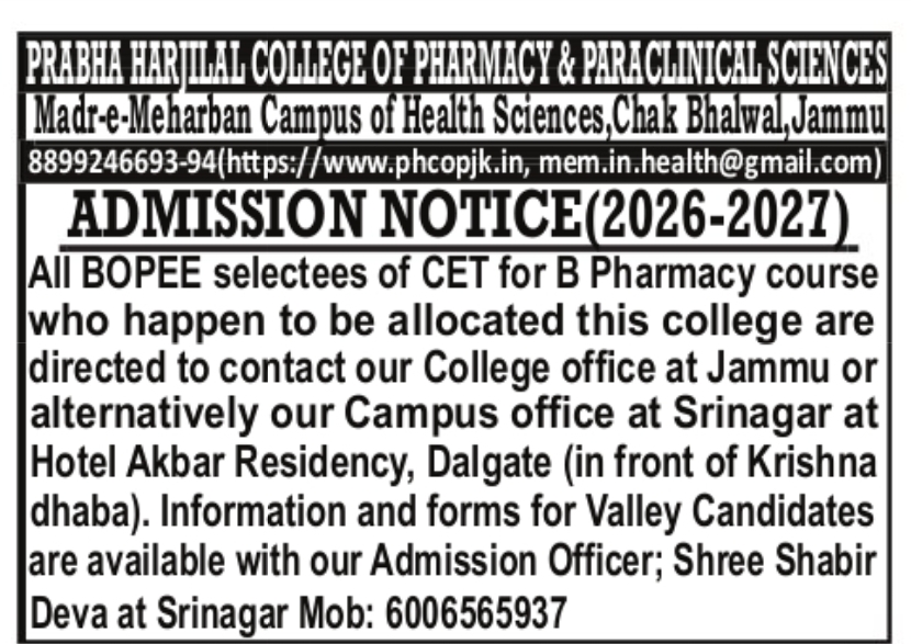 Admission Notice 2026-27 – Prabha Harjwal College of Pharmacy