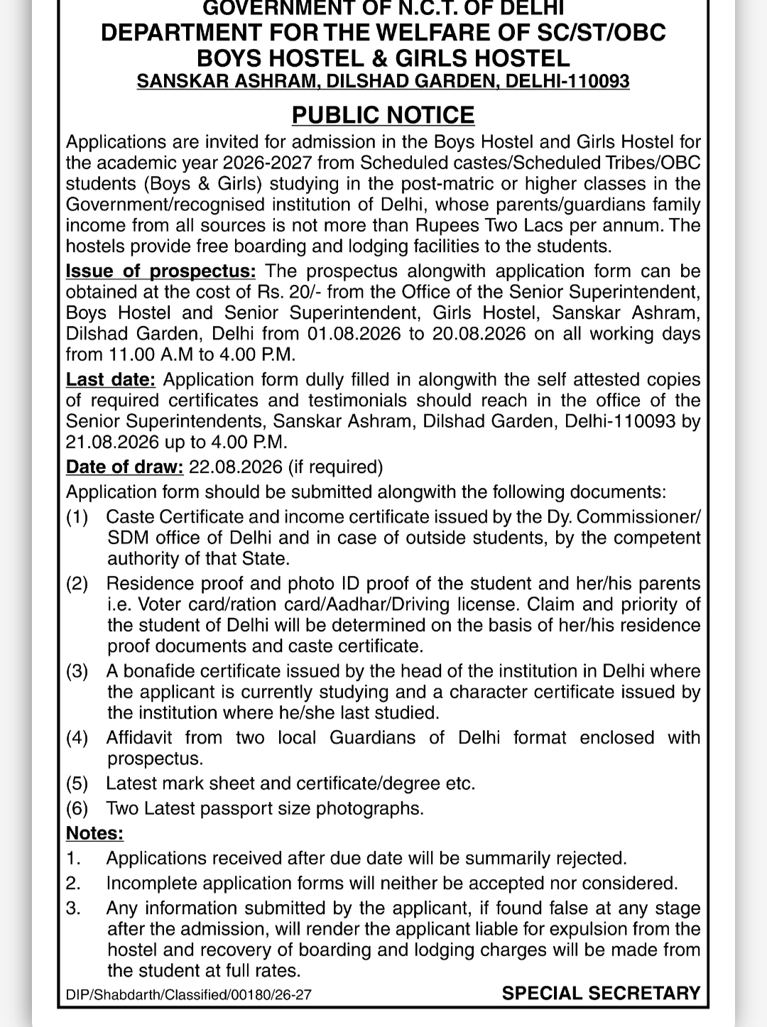 ADMISSION NOTICE – BOYS & GIRLS HOSTEL | DELHI
