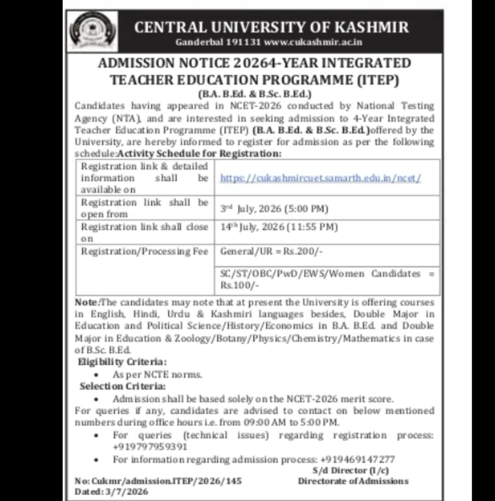 ADMISSION NOTICE – CENTRAL UNIVERSITY OF KASHMIR