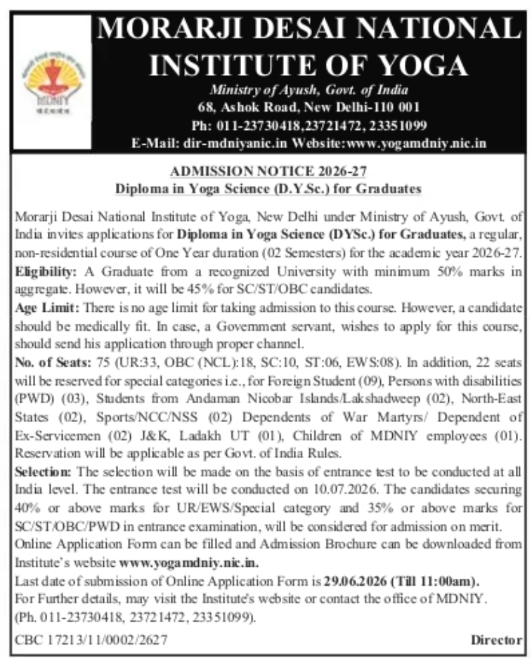 Admission Notice – Diploma in Yoga Science (D.Y.Sc.) 2026-27