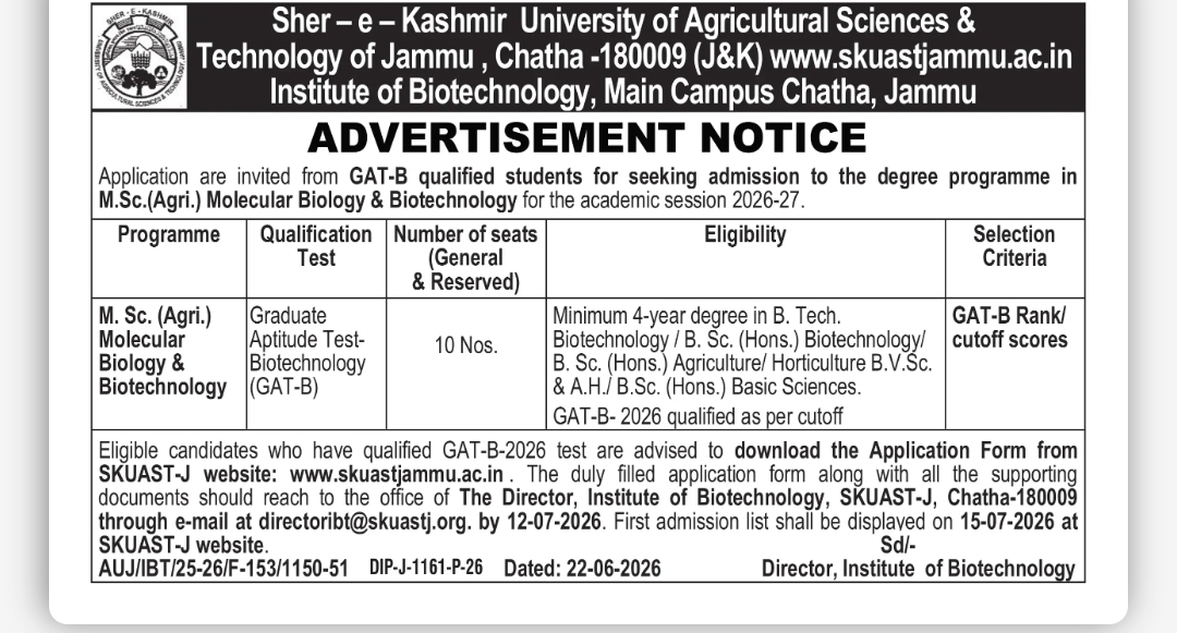 Admission Notice – M.Sc. (Agri.) Molecular Biology & Biotechnology