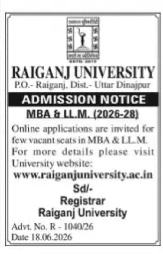 ADMISSION NOTICE – RAIGANJ UNIVERSITY