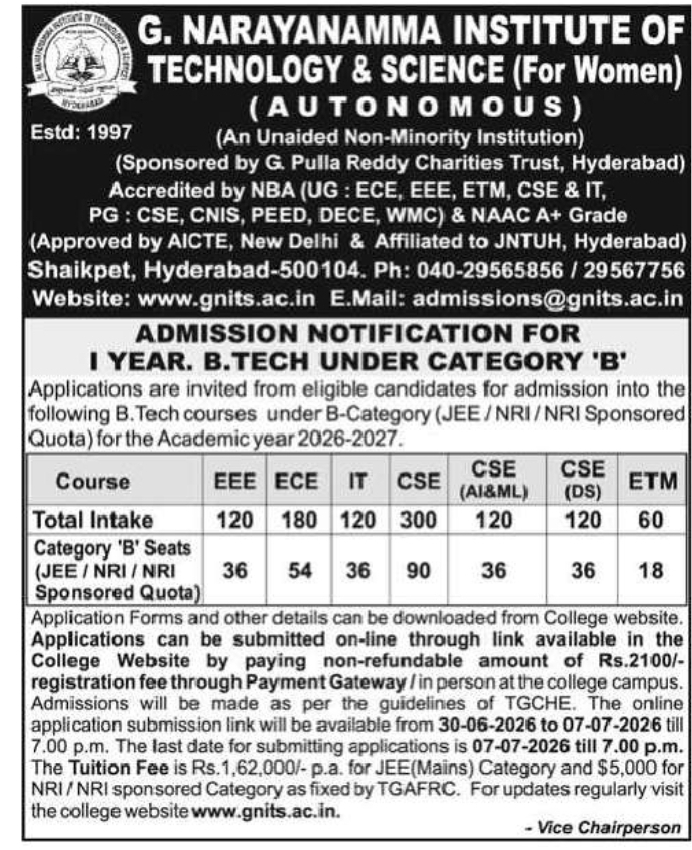 Admission Notification – G. Narayanamma Institute of Technology & Science (For Women), Hyderabad