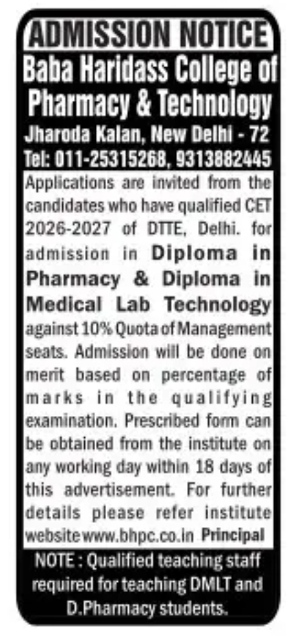 Admission Open 2026–27 | Baba Haridass College of Pharmacy & Technology, New Delhi