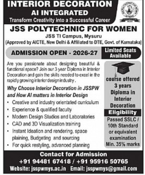 Admission Open 2026-27 – Diploma in Interior Decoration at JSS Polytechnic for Women, Mysuru