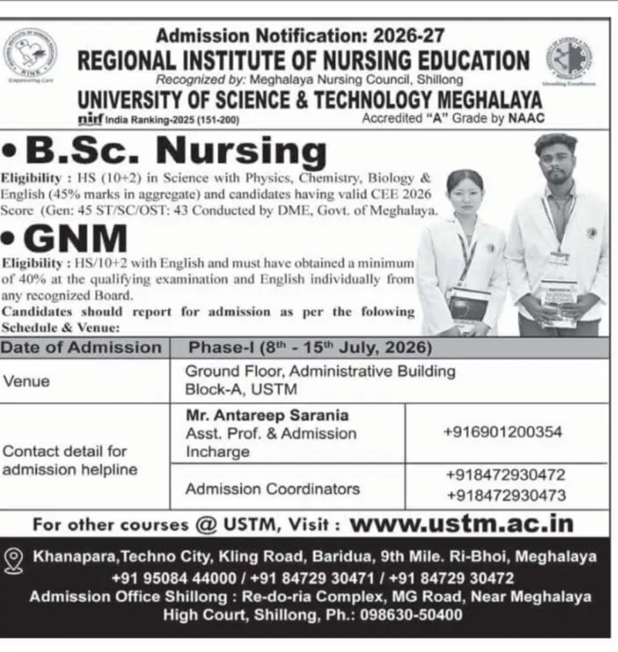 Admission Open 2026–27 | Regional Institute of Nursing Education (RINE), USTM Meghalaya