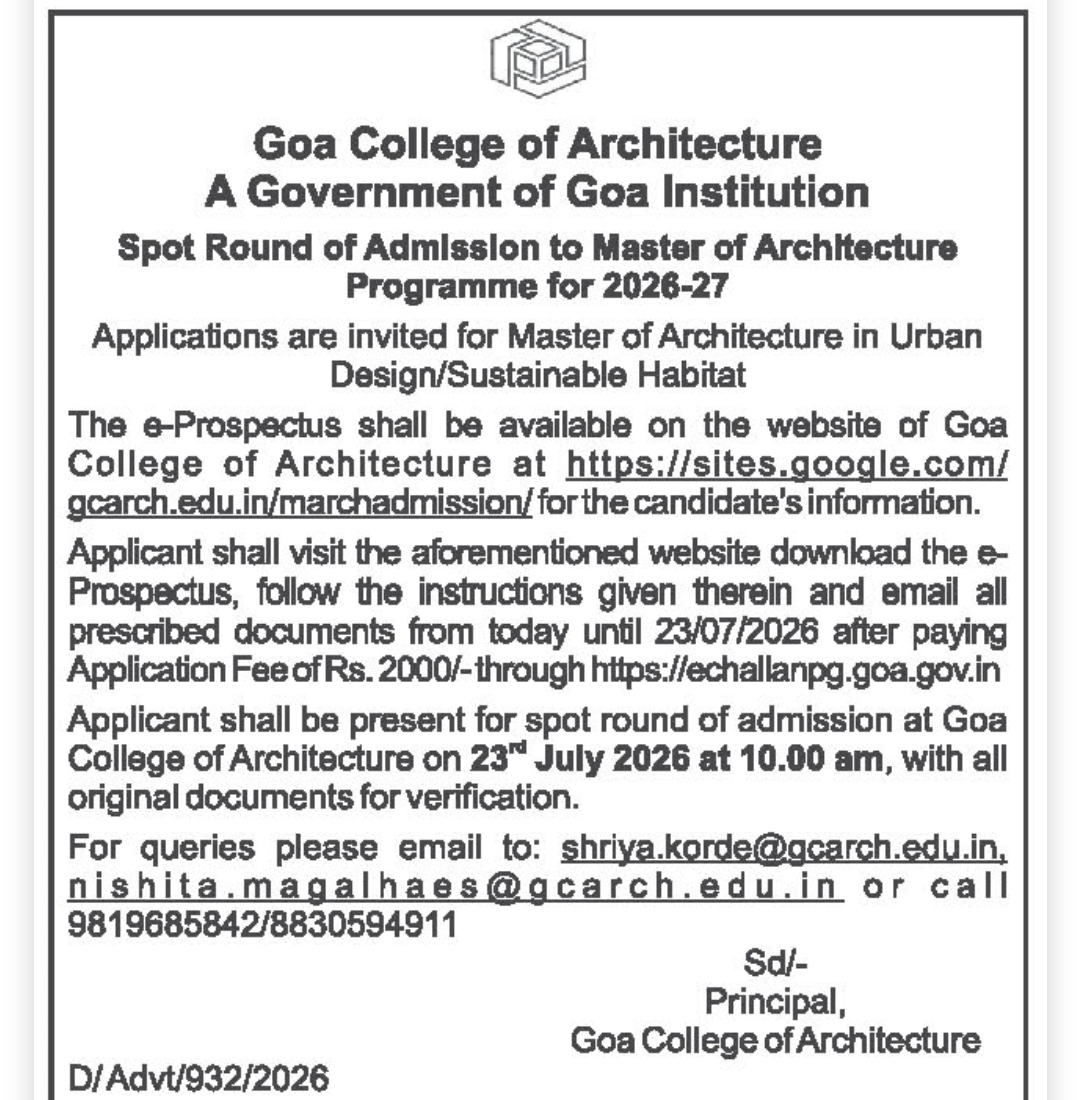Admission Open for Master of Architecture Programme 2026-27 | Goa College of Architecture