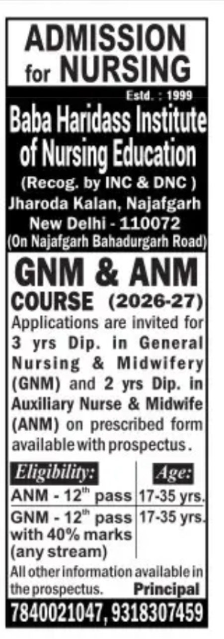 ADMISSION OPEN – GNM & ANM COURSES 2026–27 | Baba Haridass Institute of Nursing Education