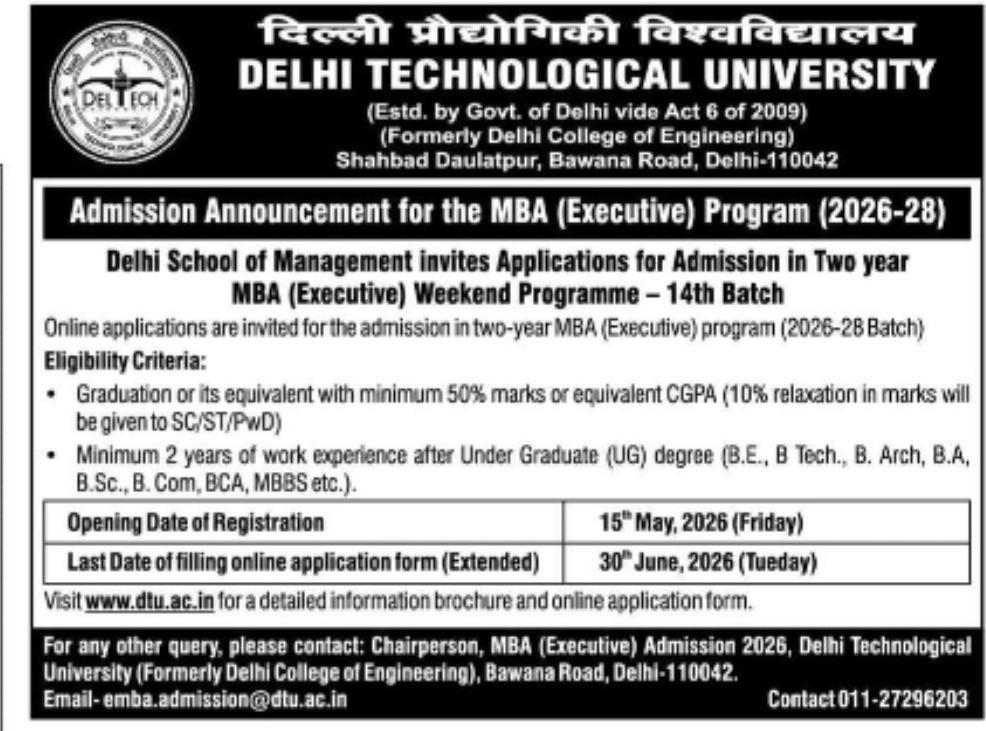 Admission Open – MBA (Executive) Weekend Programme 2026–28, Delhi Technological University (DTU)