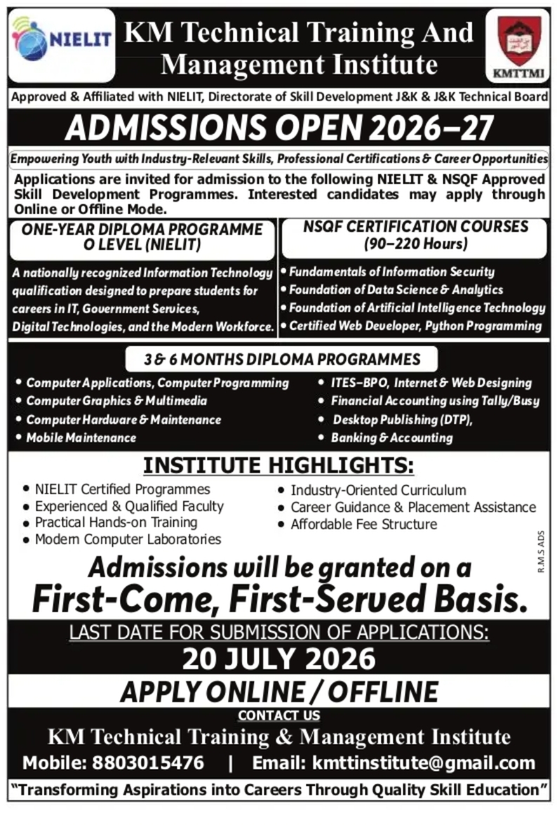 Admissions Open 2026–27 at KM Technical Training & Management Institute (KMTTMI)