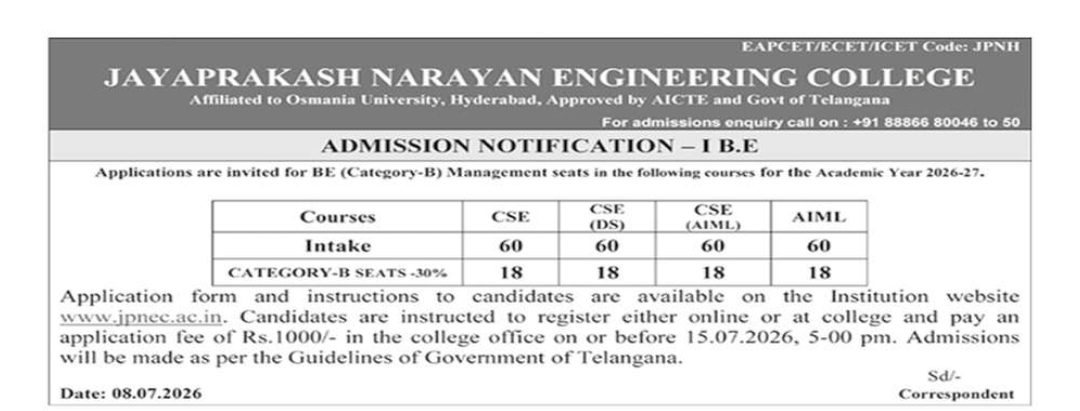 Admissions Open 2026-27 | B.E. Category-B (Management Quota) Seats