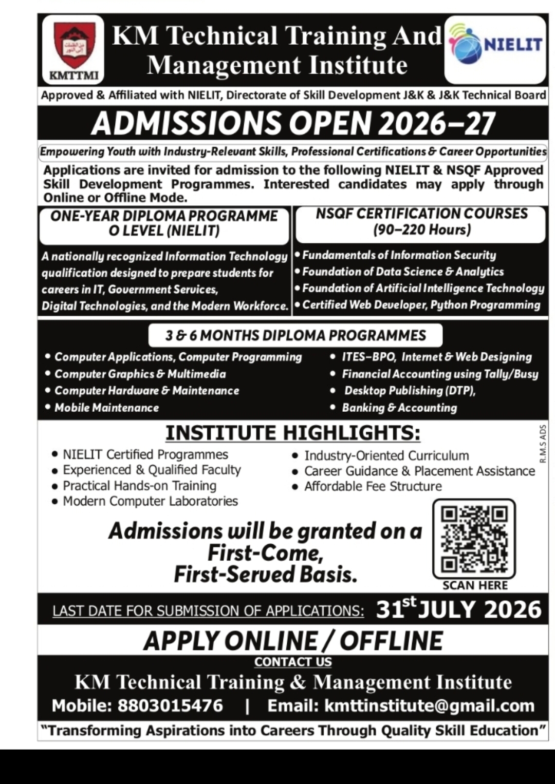 Admissions Open 2026-27 – KM Technical Training & Management Institute