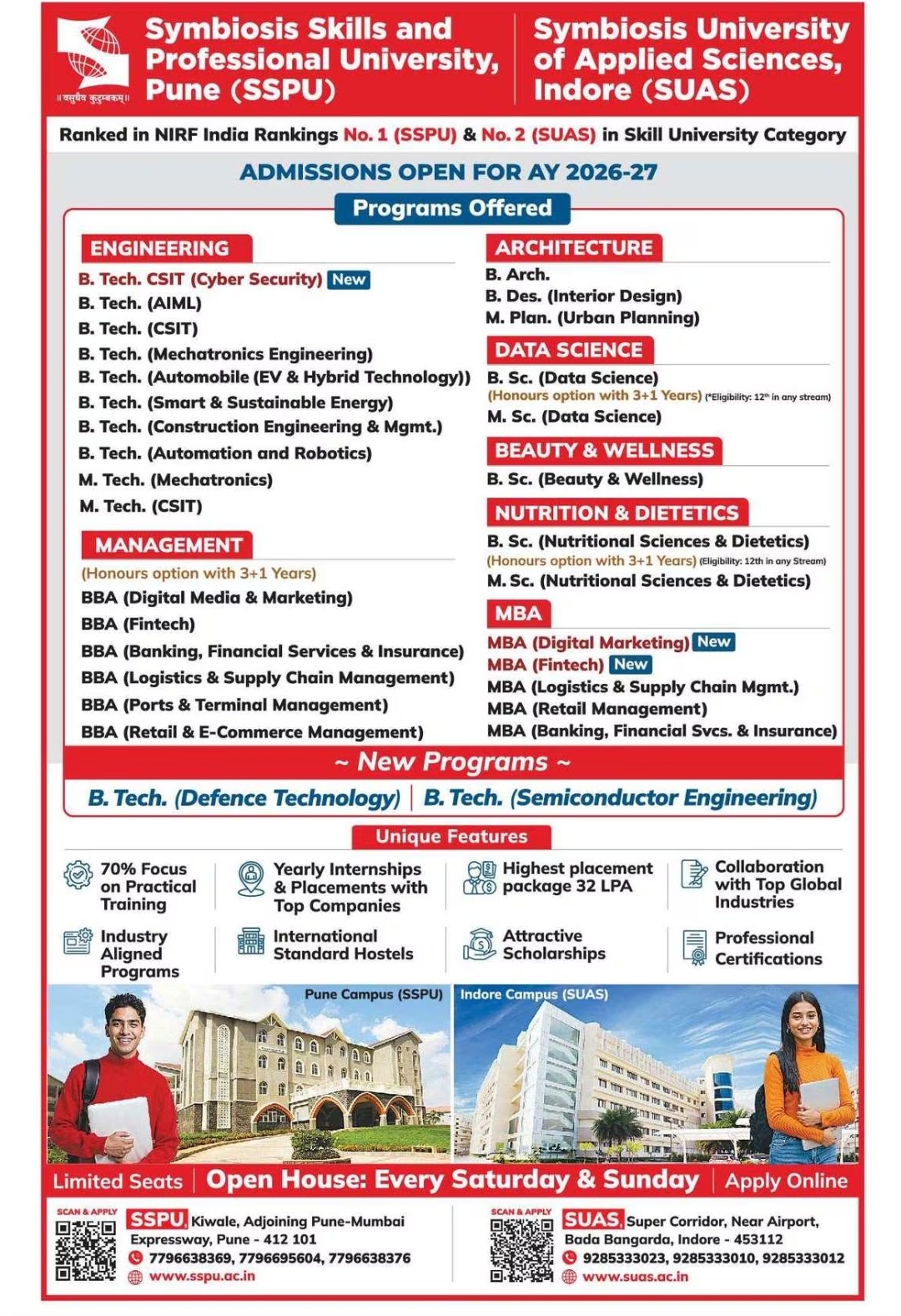 Admissions Open 2026–27 | SSPU Pune & SUAS Indore | Skill-Based Professional Courses