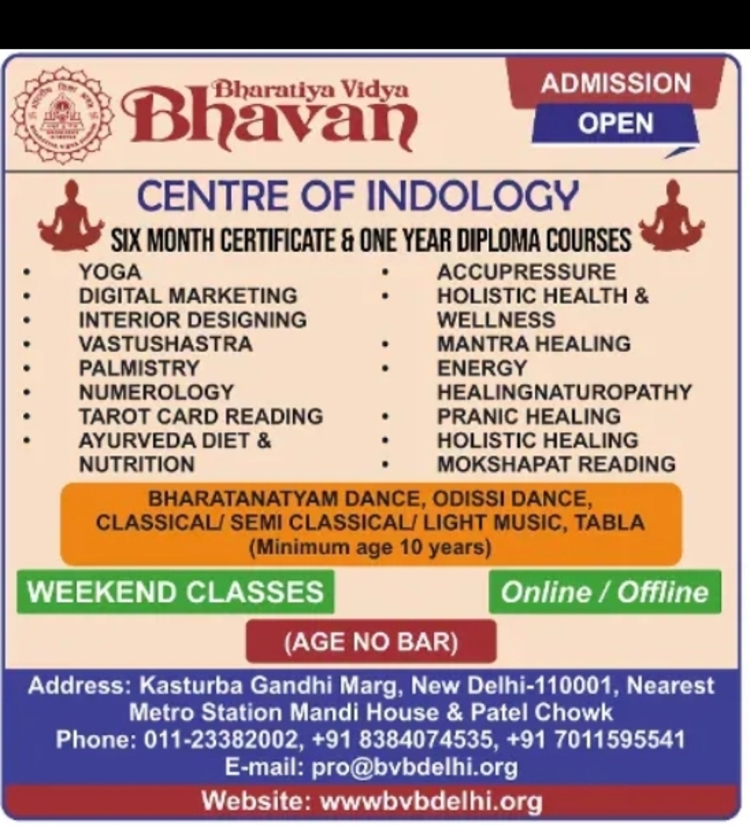 Admissions Open – Bhavan Centre of Indology, New Delhi