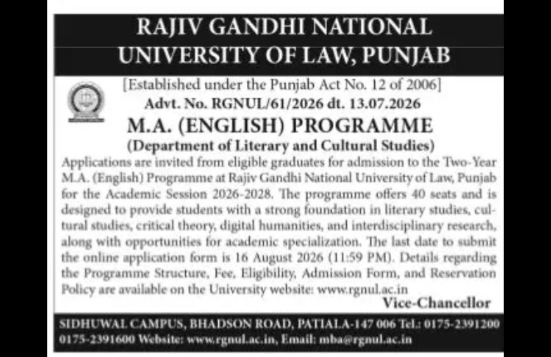 Admissions Open for M.A. (English) Programme 2026-2028 at RGNUL Punjab