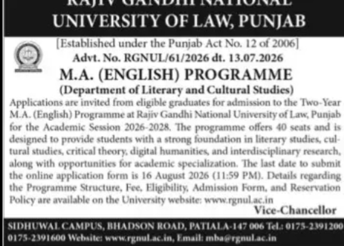 Admissions Open for M.A. (English) Programme 2026-28 at RGNUL Punjab