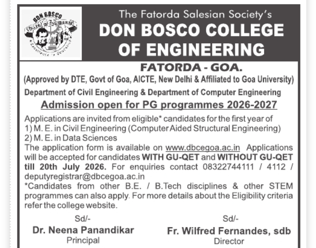 Admissions Open for M.E. Programmes 2026-27 at Don Bosco College of Engineering, Goa