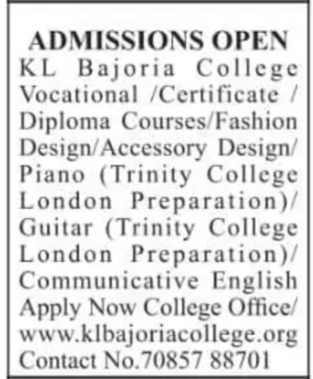 Admissions Open – KL Bajoria College